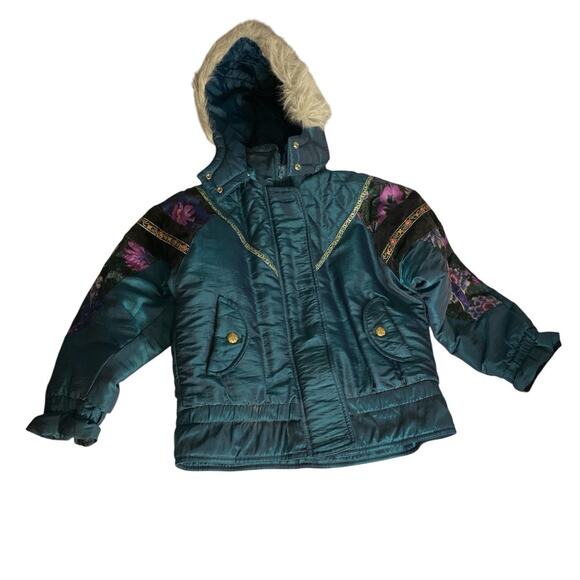 Teal Floral Embroidered Hooded Winter Coat Big Chill Girls Size M - Picture 2 of 6
